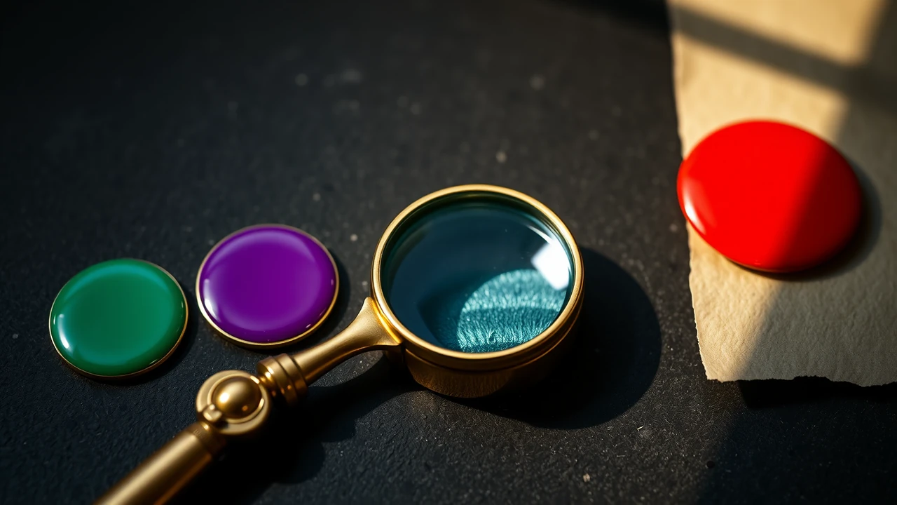 A brass magnifying loupe lying flat with its lens catching a bright highlight, three glossy enamel discs in emerald, violet and scarlet set out around it in a loose triangle with plenty of space between them.