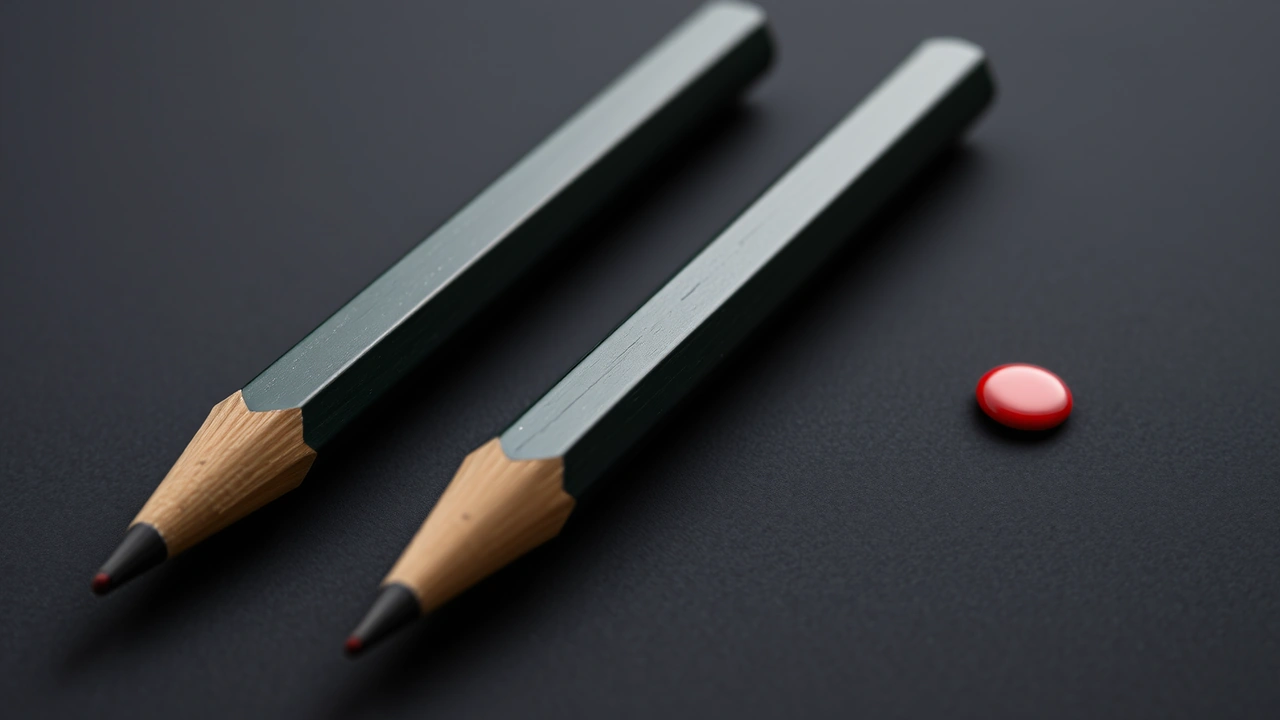 Three plain unsharpened wooden pencils of clearly different lengths laid parallel and evenly spaced, short, medium and long, one scarlet enamel disc at the blunt end of the shortest.