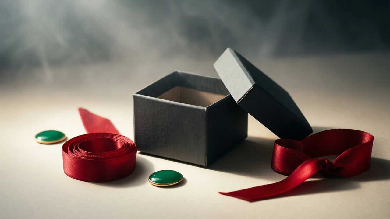A small square gift box with its lid lifted off and propped against its side, the box plainly empty, a loose scarlet satin ribbon lying untied in curls next to it and one emerald green enamel disc in front.