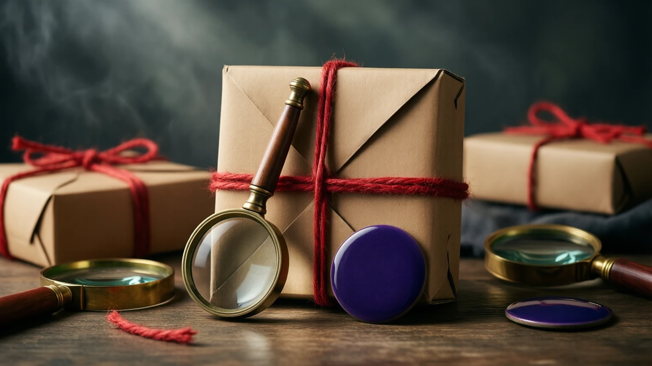 A small plain brown cardboard parcel with its flaps folded shut and tied crosswise with scarlet twine, a brass magnifying loupe leaning against one side, a deep violet enamel disc lying in front of it.