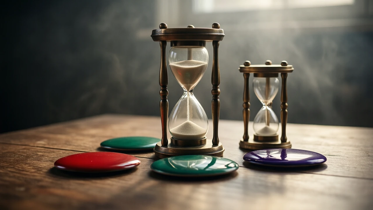 A small brass sand timer standing upright with its upper glass half emptied, and beside it three plain glossy enamel discs in a straight line, a finger's width apart, scarlet red first, then emerald green, then deep violet.