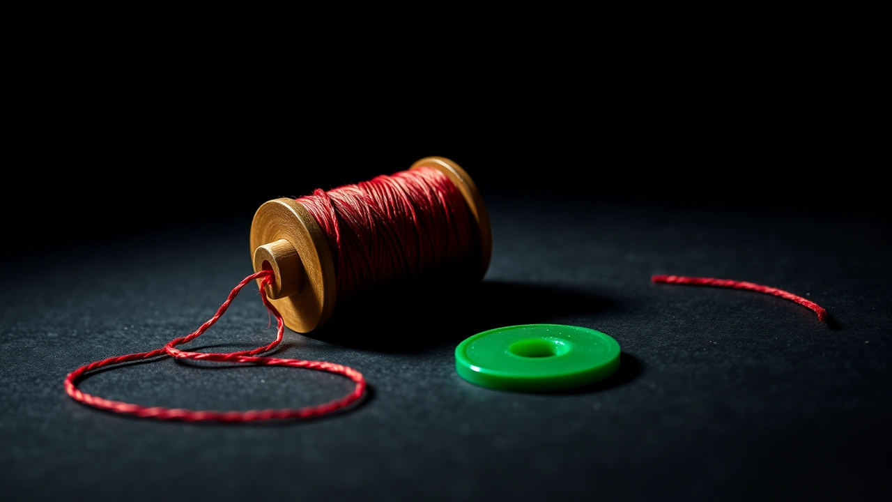 A wooden spool of scarlet cotton thread lying on its side, its loose end unwound in one long gentle curve that stops at a single emerald green enamel disc some distance away.