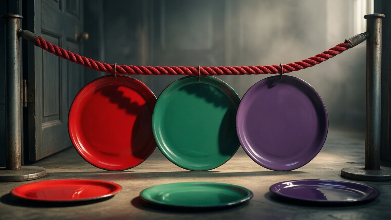 A short length of thick scarlet rope hung between two dull steel posts like a barrier across a doorway, and behind the rope three flat glossy enamel discs in scarlet, emerald and violet waiting in a row with wide gaps between them, the rope's shadow falling long across the discs.