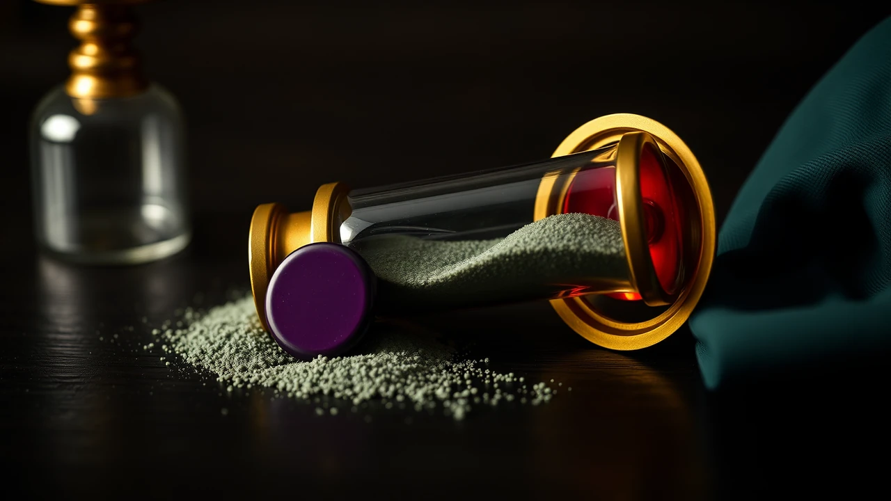 A brass sand timer tipped over on its side, the sand settled in a flat drift along the glass, one deep violet enamel disc leaning against its brass end plate.
