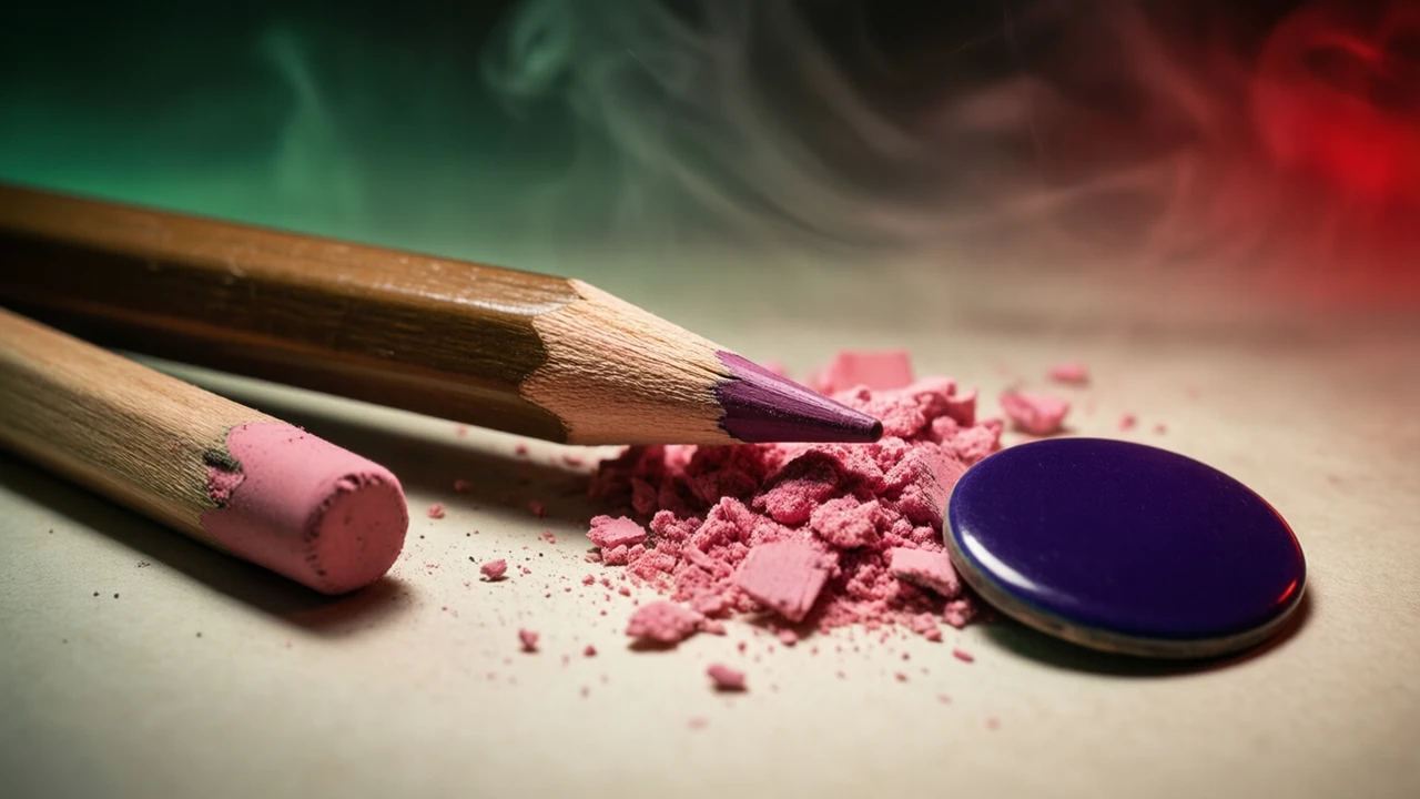A plain wooden pencil with a worn-down pink eraser lying at an angle, a little heap of pink eraser crumbs gathered at its tip, and a single deep violet enamel disc a hand's width away from the crumbs.