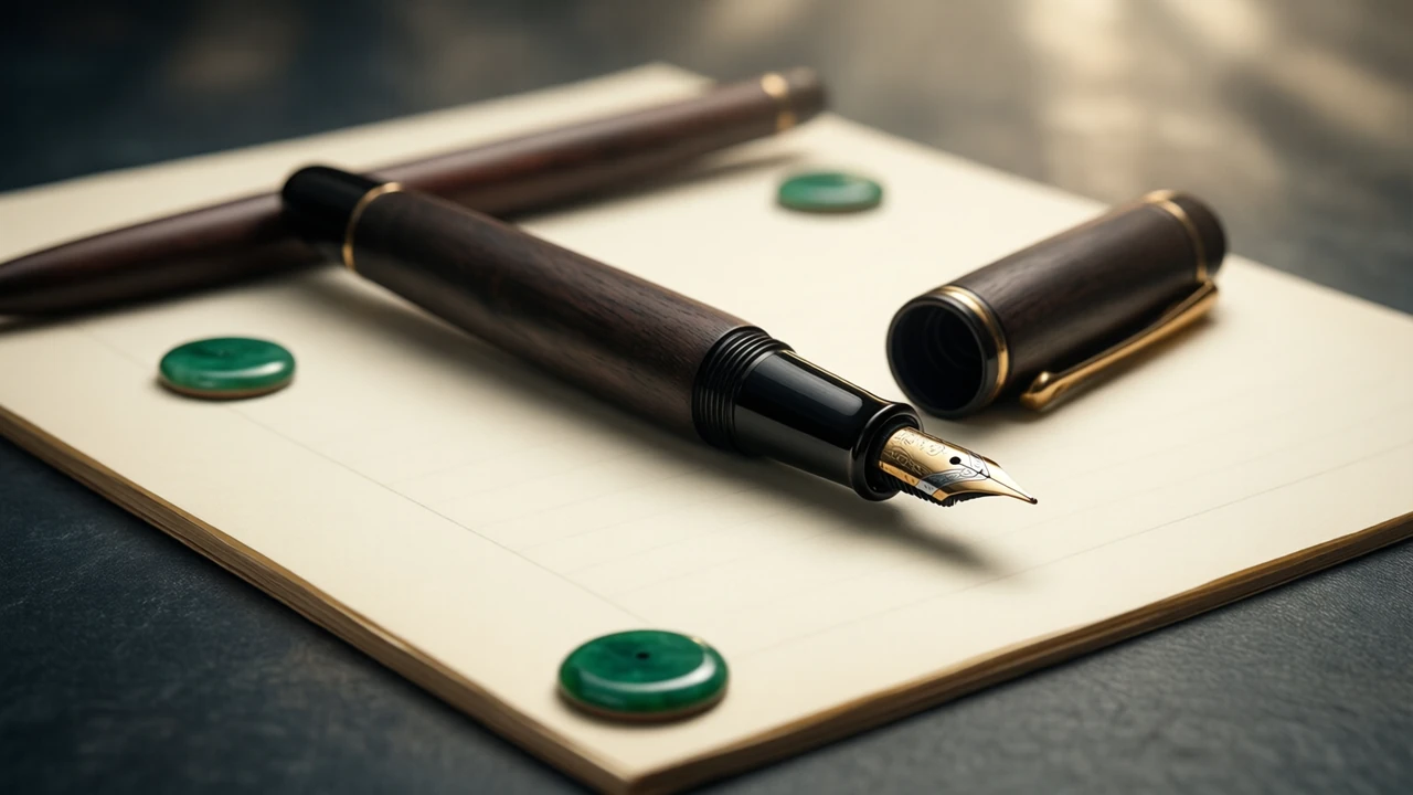 A dark wooden fountain pen lying diagonally across a clean, unwritten sheet of cream paper, its cap set down beside the nib, one emerald green enamel disc resting on the lower corner of the sheet.