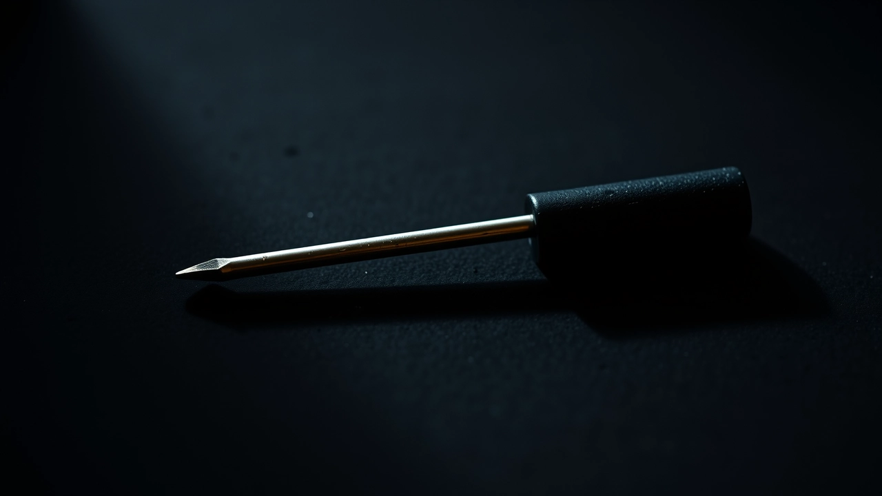 A small flat-head steel screwdriver with a worn black handle lying straight, a thin bright line of light along its shaft, one emerald green enamel disc touching its tip.