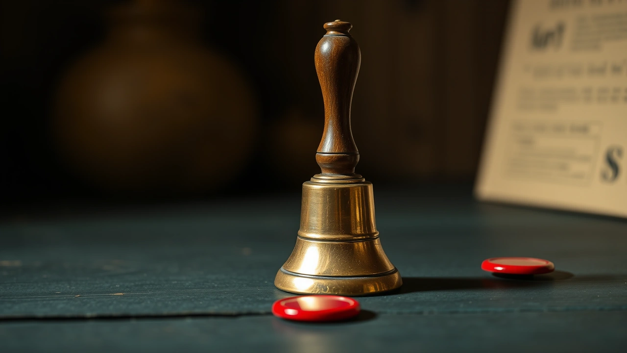 A small brass hand bell standing upright on its rim, its turned wooden handle pointing up, one scarlet enamel disc resting a little way off in the bell's shadow.
